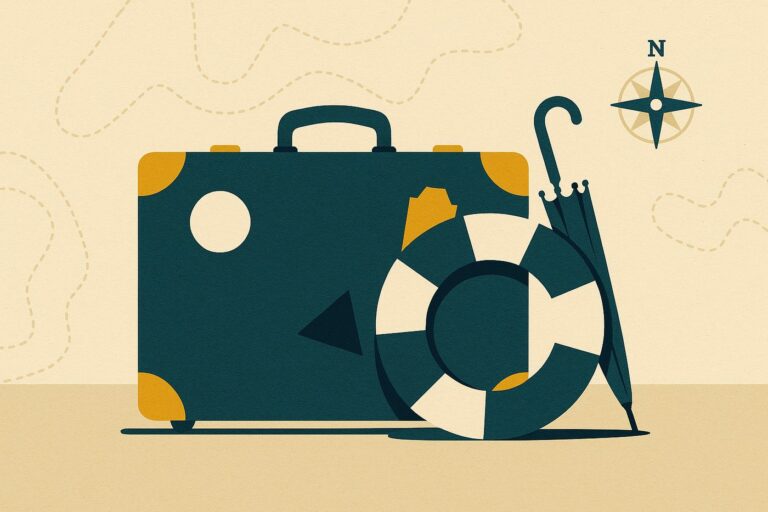 Illustration : valise, bouée et parapluie sur fond de carte marine, garanties du voyage