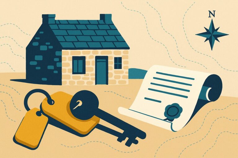 Illustration : chaumiere bretonne, cle et contrat scelle sur fond de carte marine