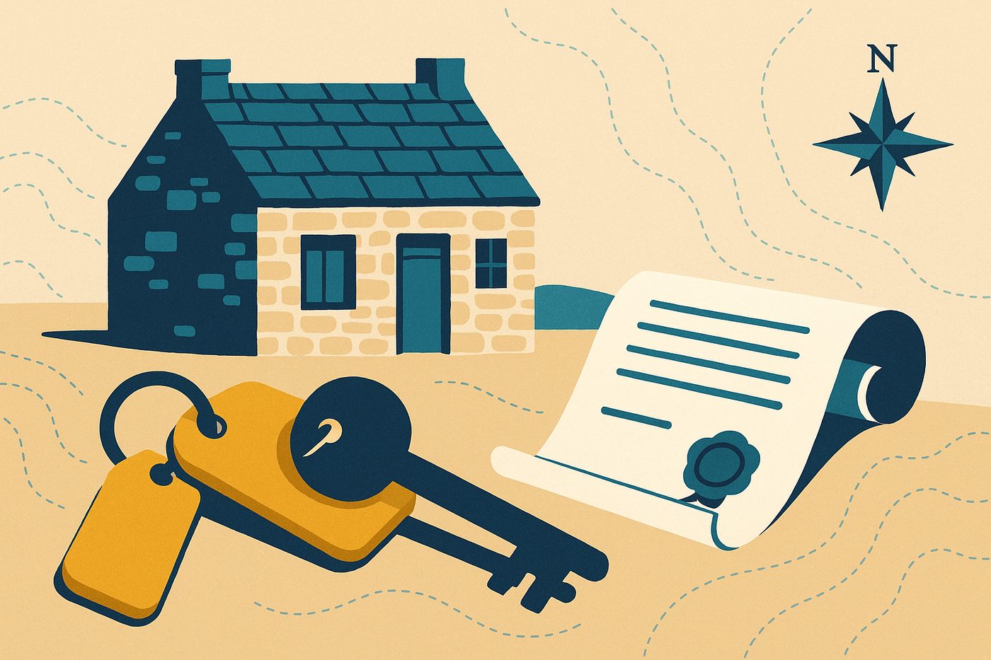 Illustration : chaumiere bretonne, cle et contrat scelle sur fond de carte marine