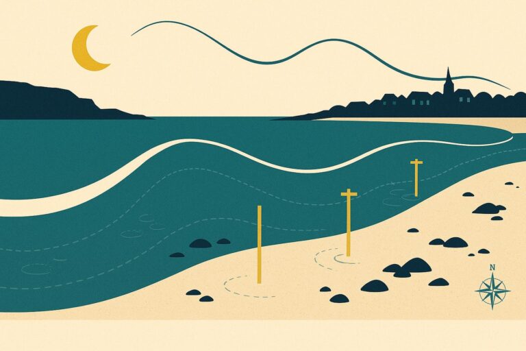 Illustration : lune, courbe de maree et estran decouvert avec balises
