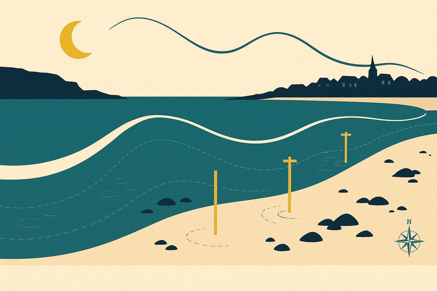 Illustration : lune, courbe de maree et estran decouvert avec balises