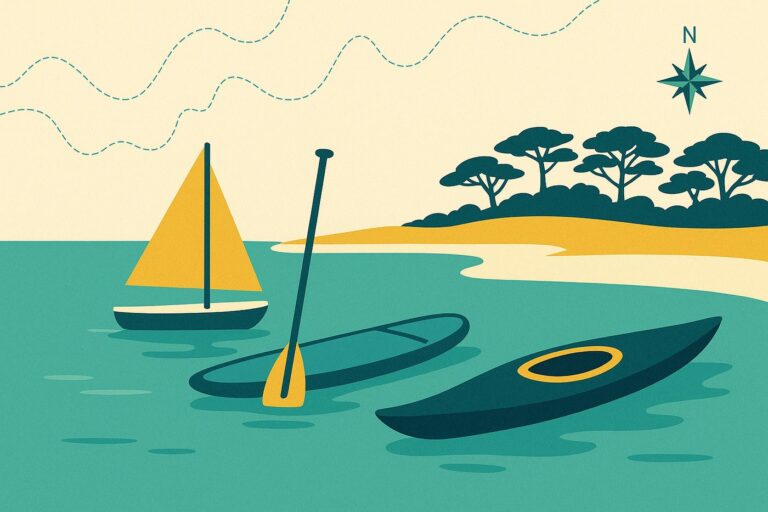 Illustration : voilier, paddle et kayak dans une baie turquoise