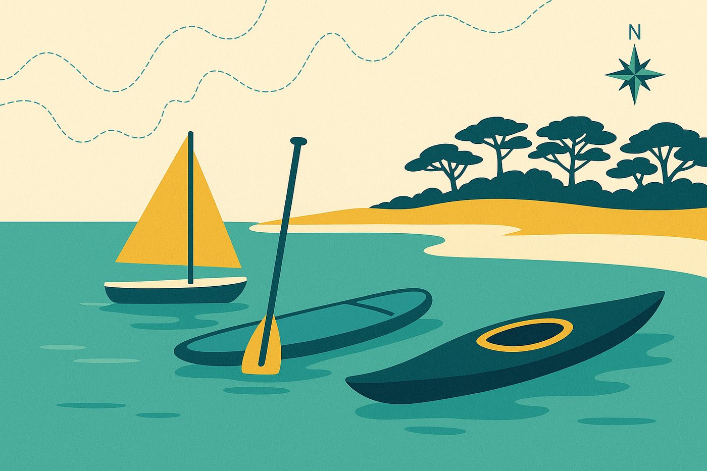 Illustration : voilier, paddle et kayak dans une baie turquoise