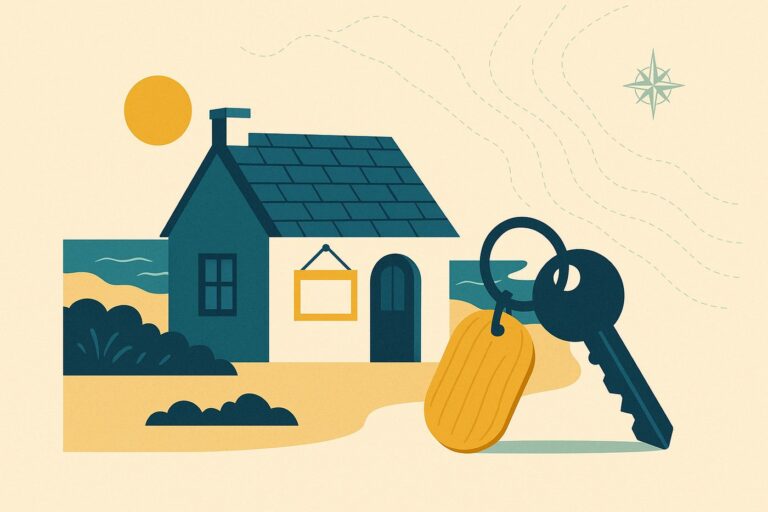 Illustration : maison de vacances en bord de mer, panneau a louer et cle